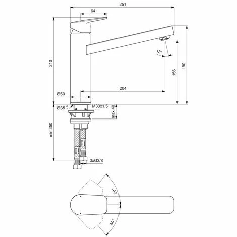 Ideal Standard Küchenarmatur Ceraplan Ausld.204mm M.h.Rohrauslauf Niederdruck Chrom 2 Ideal Standard Küchenarmatur Ceraplan Ausld.204mm M.h.Rohrauslauf Niederdruck Chrom – Bild 2